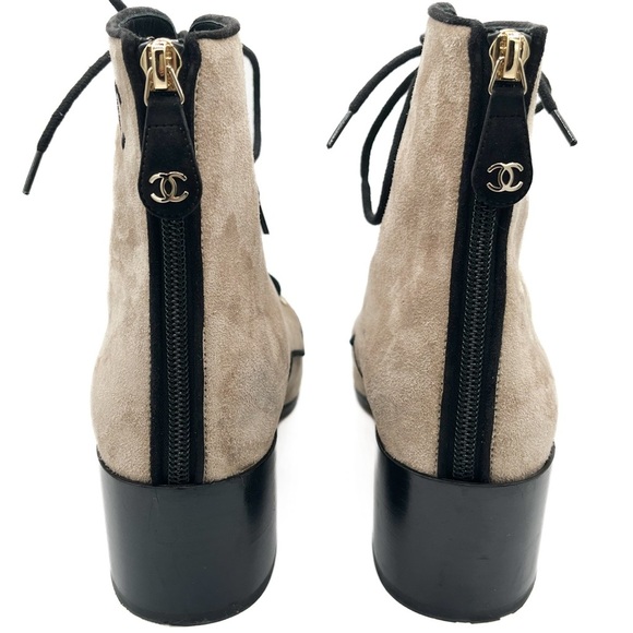 Chanel Interlocking CC Logo Suede CC Lace Up Short Heeled Cap Toe Boots - Picture 4 of 8